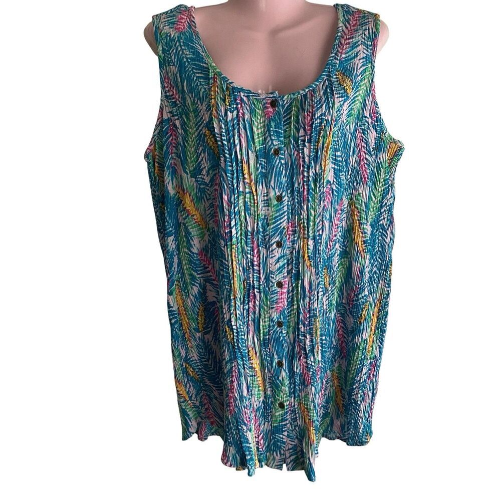 Woman Within Tank Top 2X 26/28 Blue Tropical Palm Print Pintuck Cotton Tunic